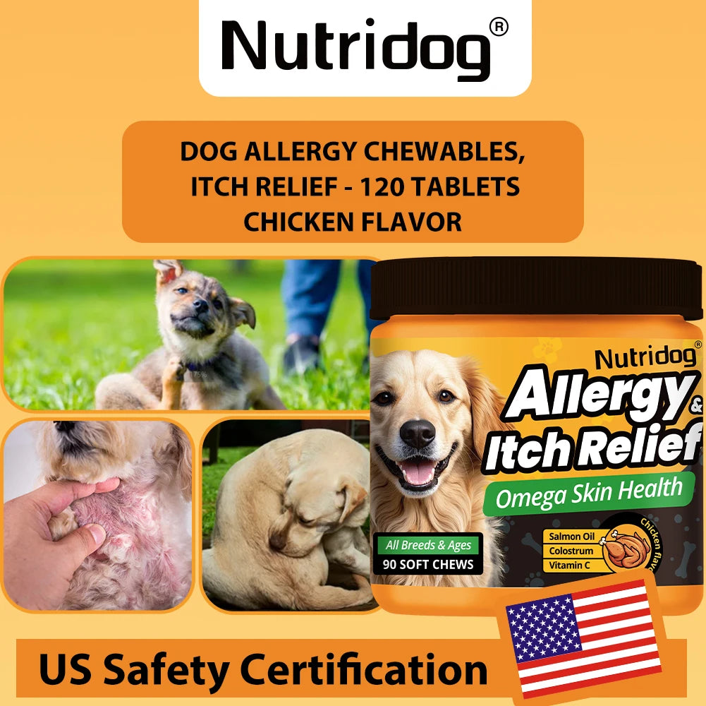 NUTRIDOG Dog Allergy & Itch Relief Chews, Skin and Immune Support Supplement, 90 Count