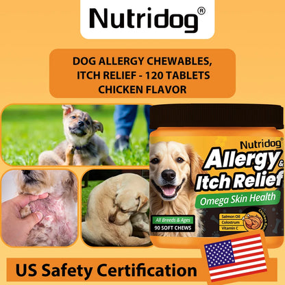 NUTRIDOG Dog Allergy & Itch Relief Chews, Skin and Immune Support Supplement, 90 Count