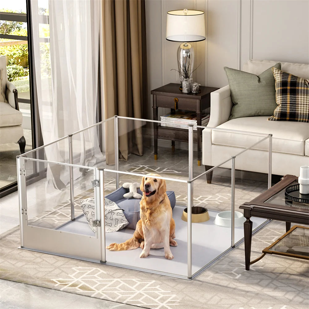 Large Acrylic Dog Playpen with Waterproof Whelping Pad, Clear Indoor Puppy Enclosure & Pet Fence