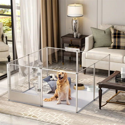 Large Acrylic Dog Playpen with Waterproof Whelping Pad, Clear Indoor Puppy Enclosure & Pet Fence
