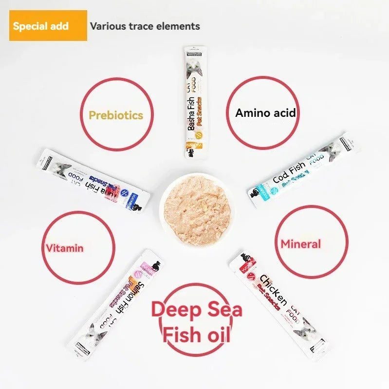 Cat Wet Food Treats, 15g x 10 Assorted Liquid Snacks in Chicken, Salmon & Cod Flavors - Bond Well Supplies