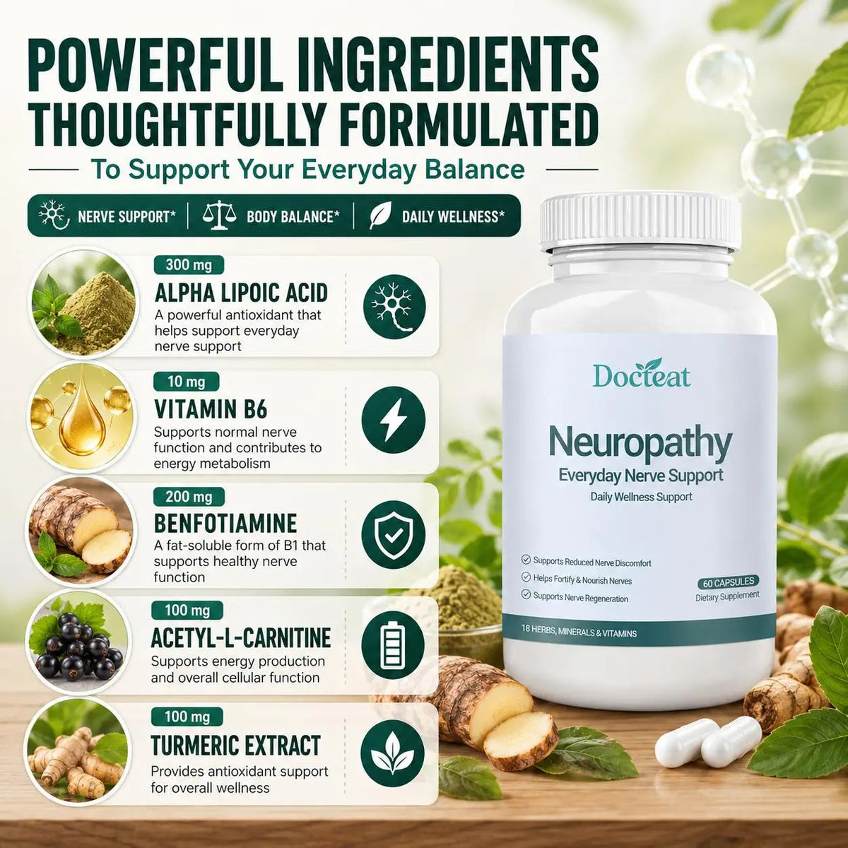 Alpha Lipoic Acid Vitamin B6 Capsules, Nerve & Body Wellness Support, Daily Care Supplement, 60 Count - Bond Well Supplies