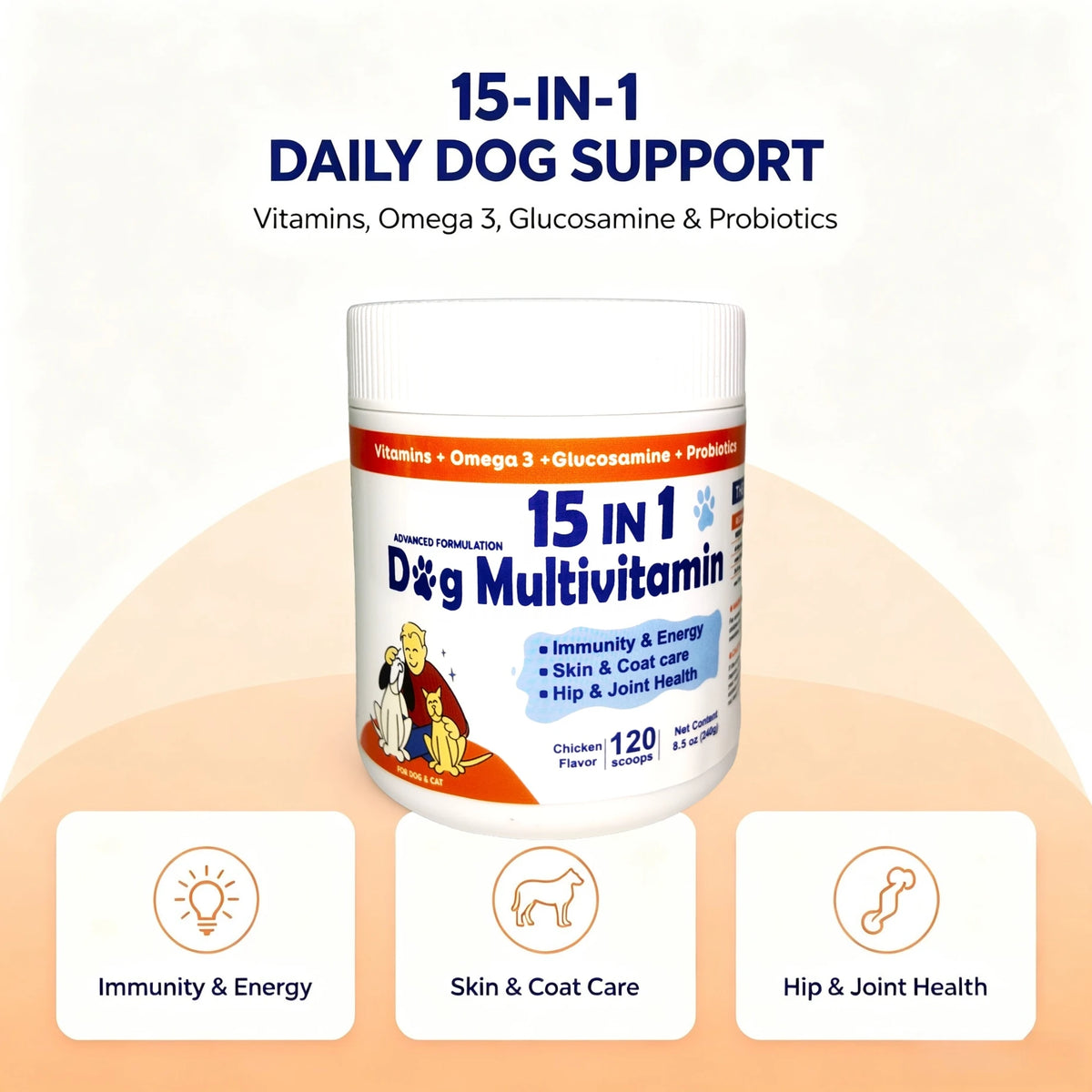 Dog Daily Health Supplement Powder, 15-in-1 Chicken Flavor Formula, 120 Scoops for Overall Wellness - Bond Well Supplies