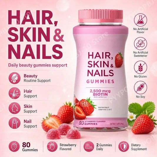 Hair Skin Nails Gummies, Biotin 2500mcg with Vitamins A, C & E, Strawberry Flavored, 80 Gummies - Bond Well Supplies