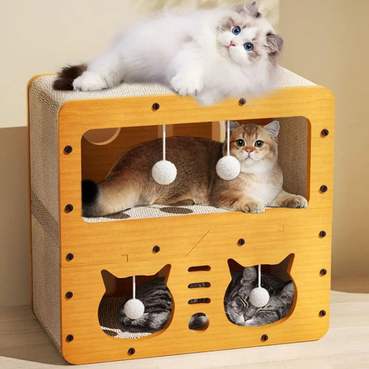 Two-Layer Multifunctional Cat House, Soft Cat Bed with Cardboard Scratching Board for Indoor Cats - Bond Well Supplies