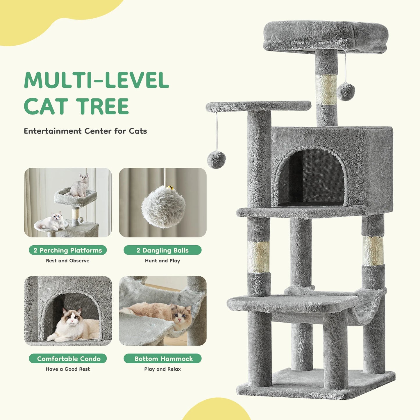 44-Inch Multi-Cat Climbing Tower, JHK Indoor Cat Tree with Natural Sisal Scratching Posts & Stable Cat House