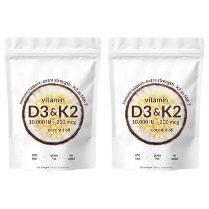 Vitamin D3 K2 Softgels with MK-7 & Coconut Oil, 10,000 IU + 200mcg, Bone & Immune Wellness Support - Bond Well Supplies