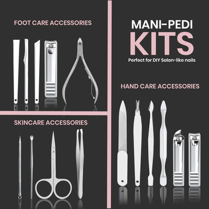 Professional Manicure & Pedicure Set, 15-Piece Nail Clippers & Nail Care Tools with Travel Case, Purple - Bond Well Supplies