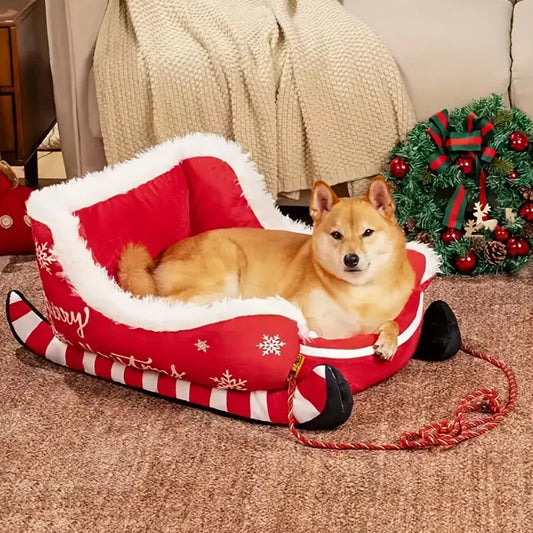 Christmas Sleigh Pet Bed, Removable Washable Plush Sofa with Non-Slip Base for Cats & Dogs - Bond Well Supplies