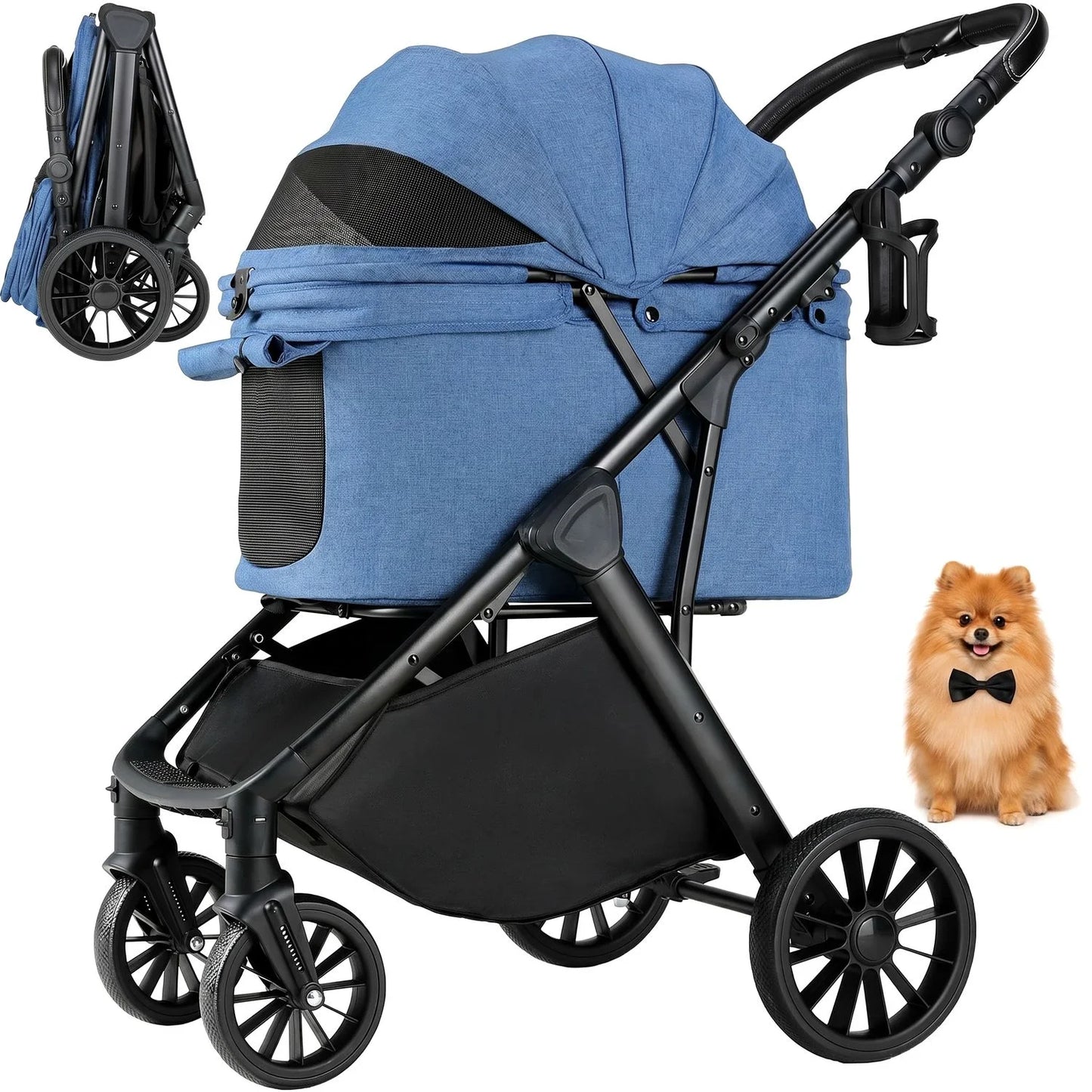 Pet Travel Stroller for Dogs and Cats with Shock-Absorbing Wheels, Foldable Design and Sun Shade