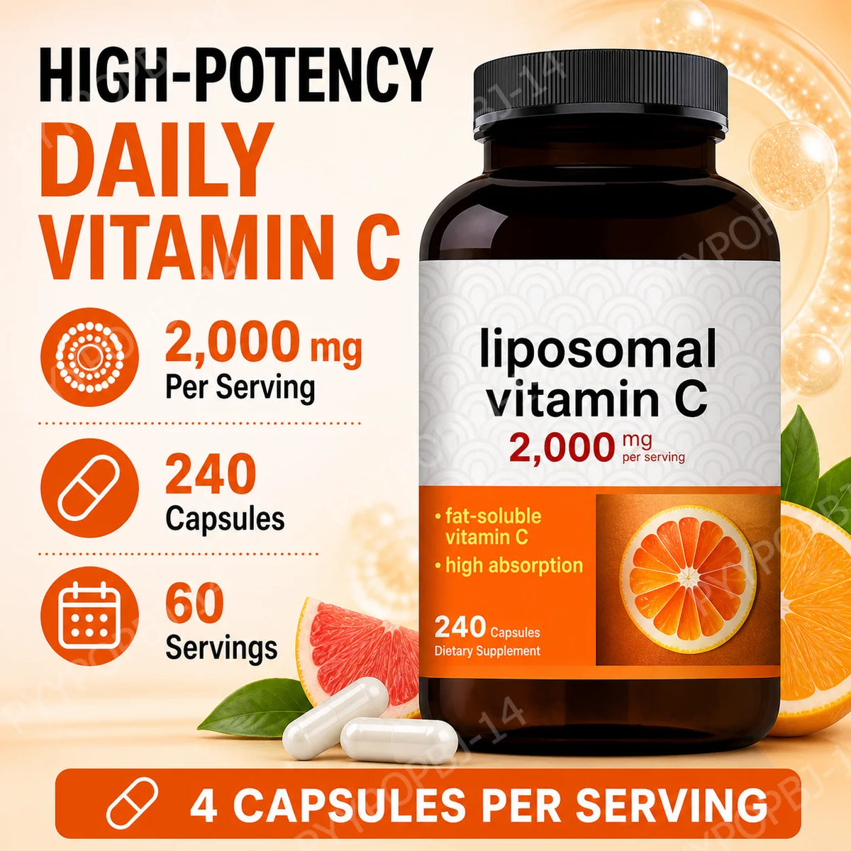 High-Absorption Liposomal Vitamin C 2000mg, Fat-Soluble Capsules, Non-GMO & Gluten-Free, 240 Count - Bond Well Supplies