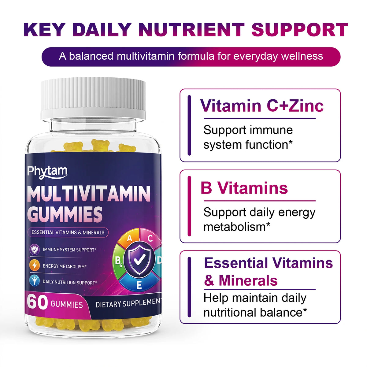 Adult Multivitamin Bear Gummies, 14-in-1 Vitamins & Minerals with Vitamin C, Zinc & B Vitamins, 60 Count - Bond Well Supplies