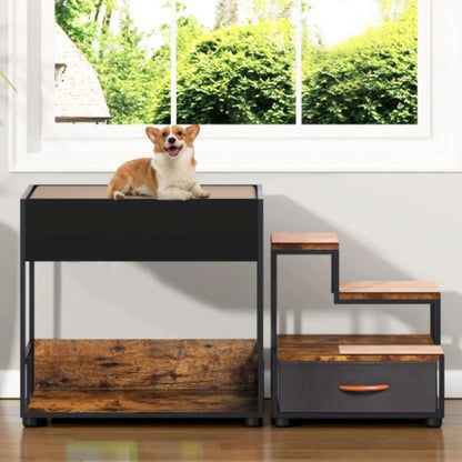 Multi-Level Dog Bunk Bed with Steps & Storage Drawer, Elevated Pet Lounge for Small & Medium Dogs & Cats - Bond Well Supplies