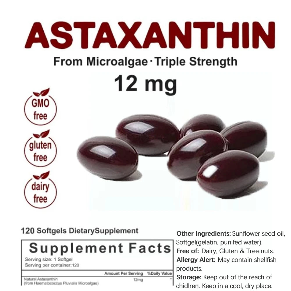 Natural Astaxanthin 12mg Antioxidant Supplement, 120 Count