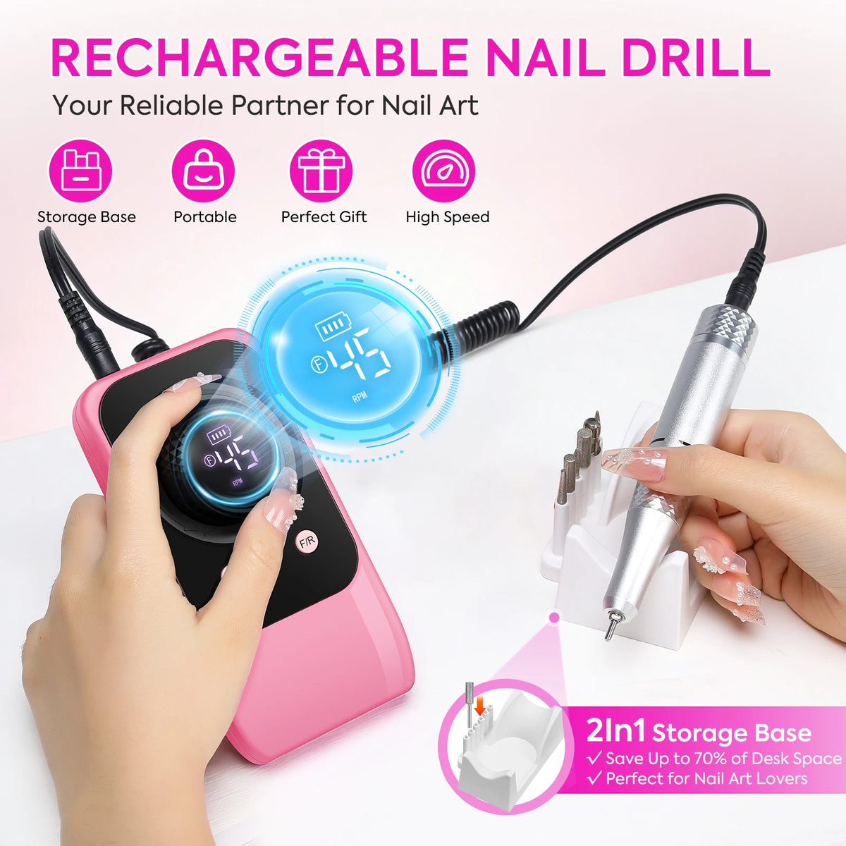 Rechargeable 45000RPM Electric Nail Drill, Portable Nail File for Acrylic Nails & Nail Art - Bond Well Supplies