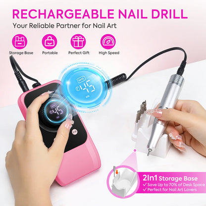 Rechargeable 45000RPM Electric Nail Drill, Portable Nail File for Acrylic Nails & Nail Art - Bond Well Supplies