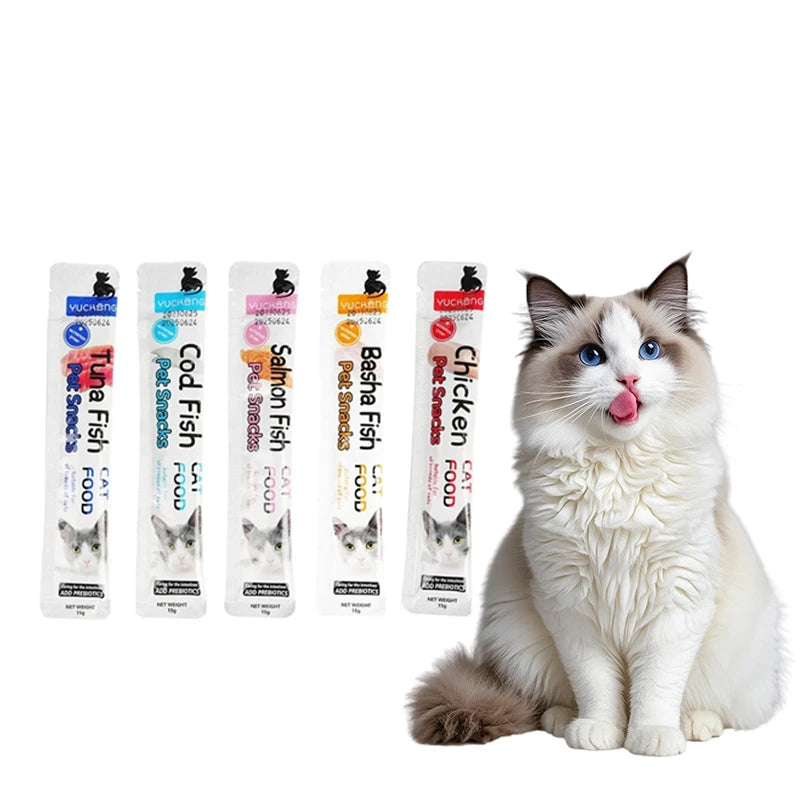 Cat Wet Food Treats, 15g x 10 Assorted Liquid Snacks in Chicken, Salmon & Cod Flavors - Bond Well Supplies