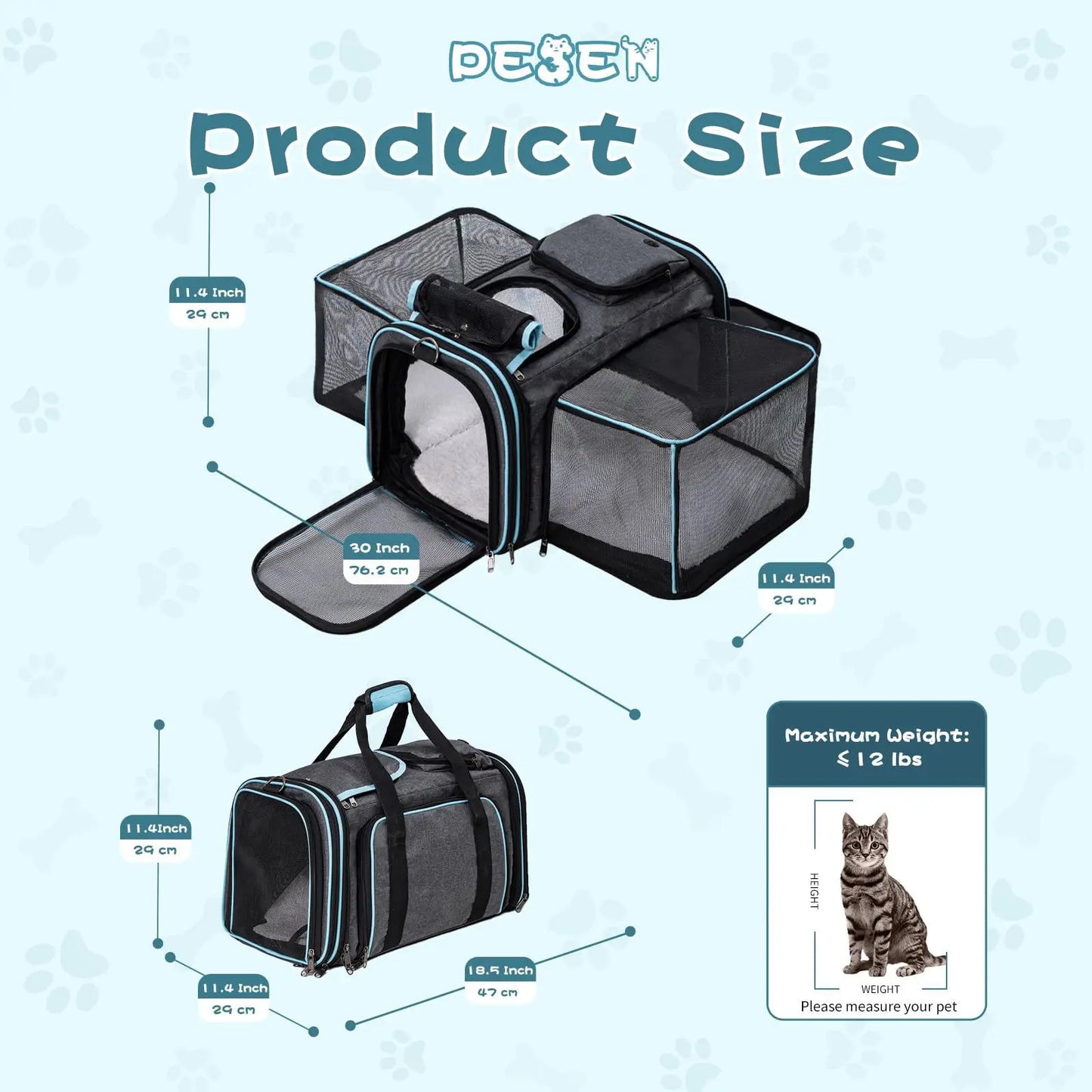 Expandable Pet Carrier for Cats & Small Dogs, Breathable Mesh Travel Tote with Luggage Strap for Car & Travel