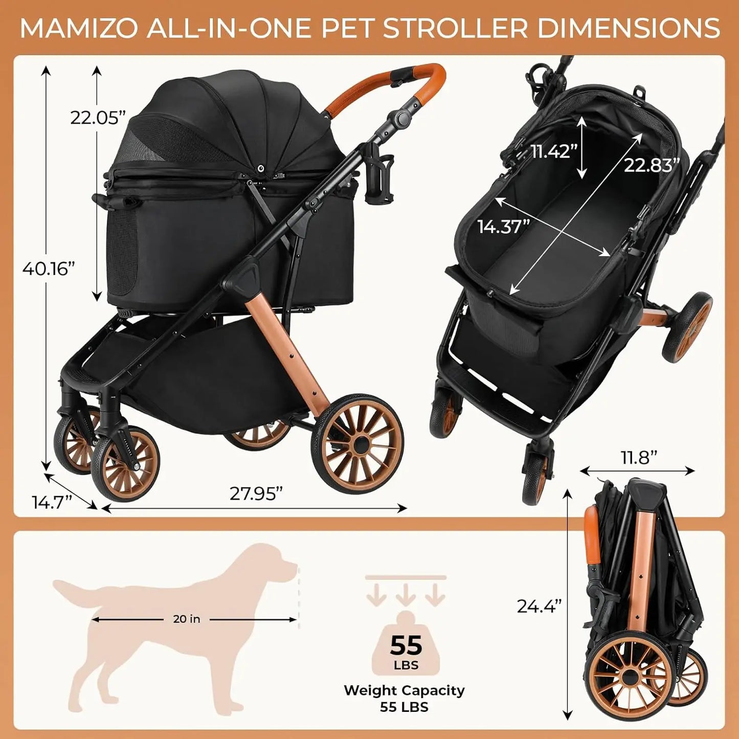 Pet Travel Stroller for Dogs and Cats with Shock-Absorbing Wheels, Foldable Design and Sun Shade