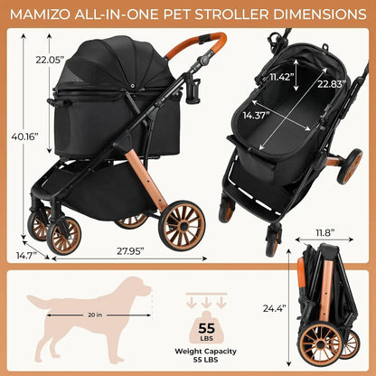 Pet Travel Stroller for Dogs and Cats with Shock-Absorbing Wheels, Foldable Design and Sun Shade