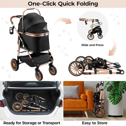 All-Terrain 3-in-1 Dog & Cat Stroller, Foldable Pet Carrier with Storage Basket & Cup Holder for Pets Up to 55 lbs