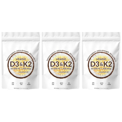 Vitamin D3 K2 Softgels with MK-7 & Coconut Oil, 10,000 IU + 200mcg, Bone & Immune Wellness Support - Bond Well Supplies