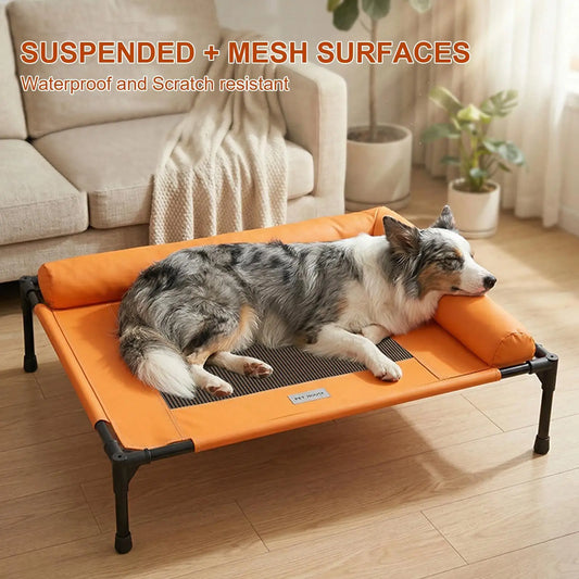 Elevated Dog & Cat Bed, Breathable Mesh Pet Furniture with Removable Pillow for Outdoor Resting - Bond Well Supplies