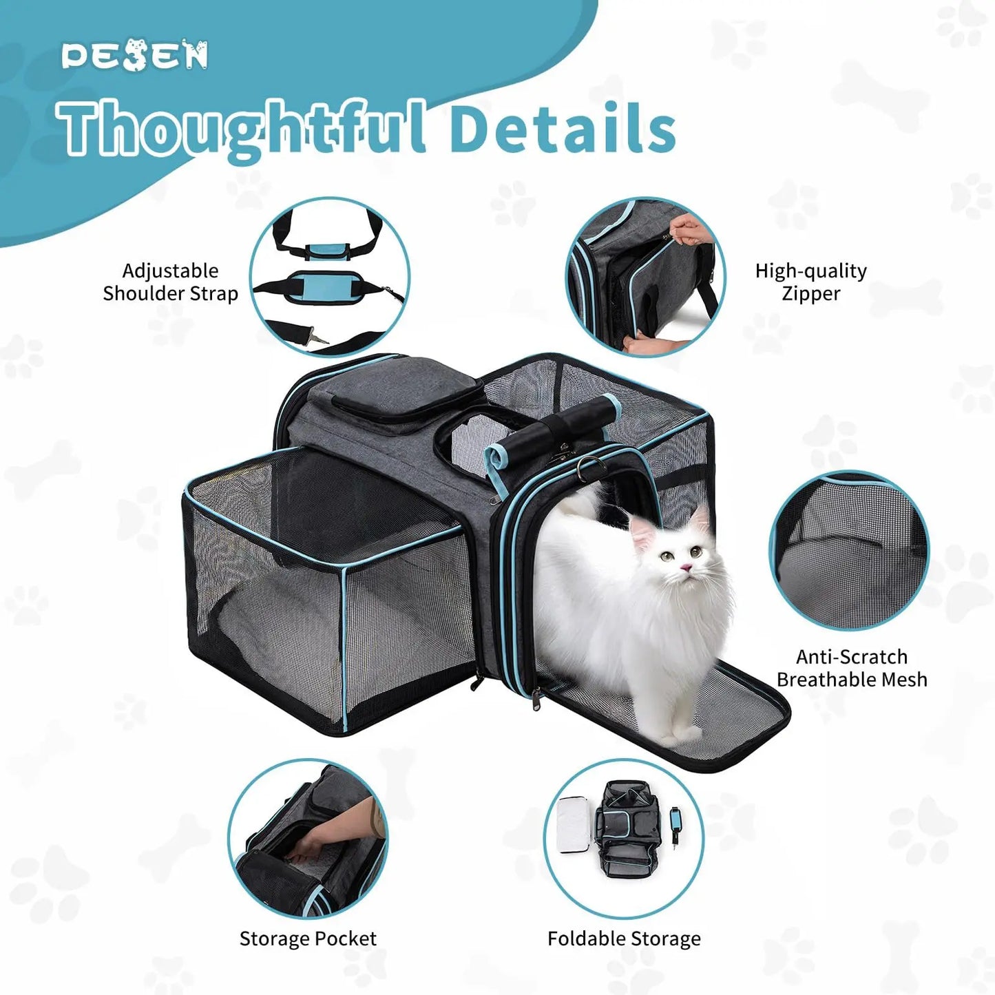 Expandable Pet Carrier for Cats & Small Dogs, Breathable Mesh Travel Tote with Luggage Strap for Car & Travel