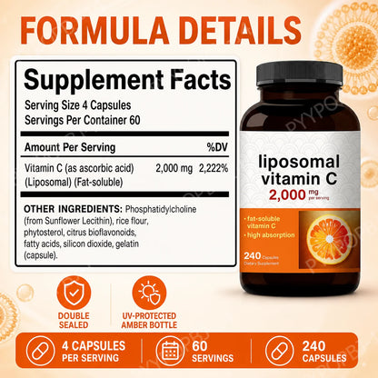 High-Absorption Liposomal Vitamin C 2000mg, Fat-Soluble Capsules, Non-GMO & Gluten-Free, 240 Count - Bond Well Supplies