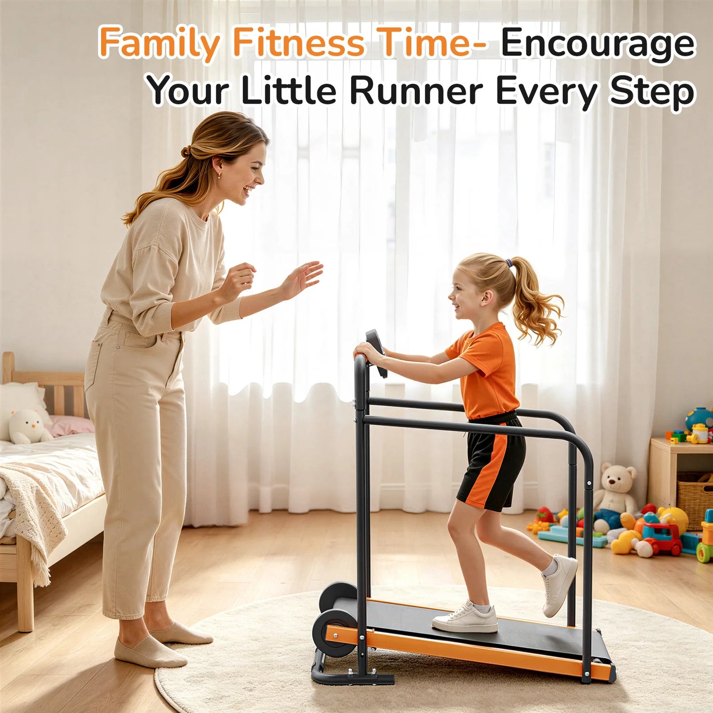 Kids Self-Propelled Walking Pad Treadmill, Non-Electric Indoor Exercise Equipment with Padded Front Handlebar