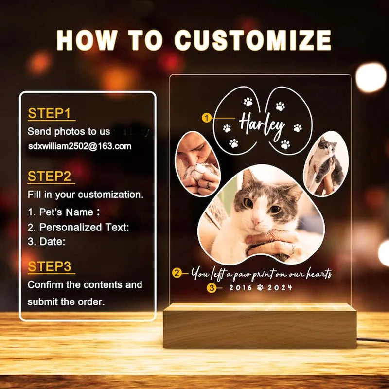 Custom Pet Photo Night Light, Personalized Acrylic Plaque for Dog and Cat Memorial Gifts