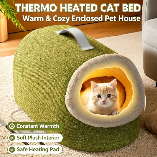 Enclosed Heated Cat House, Warm Winter Sleeping Bed with Overheat Protection for Cats & Small Dogs - Bond Well Supplies