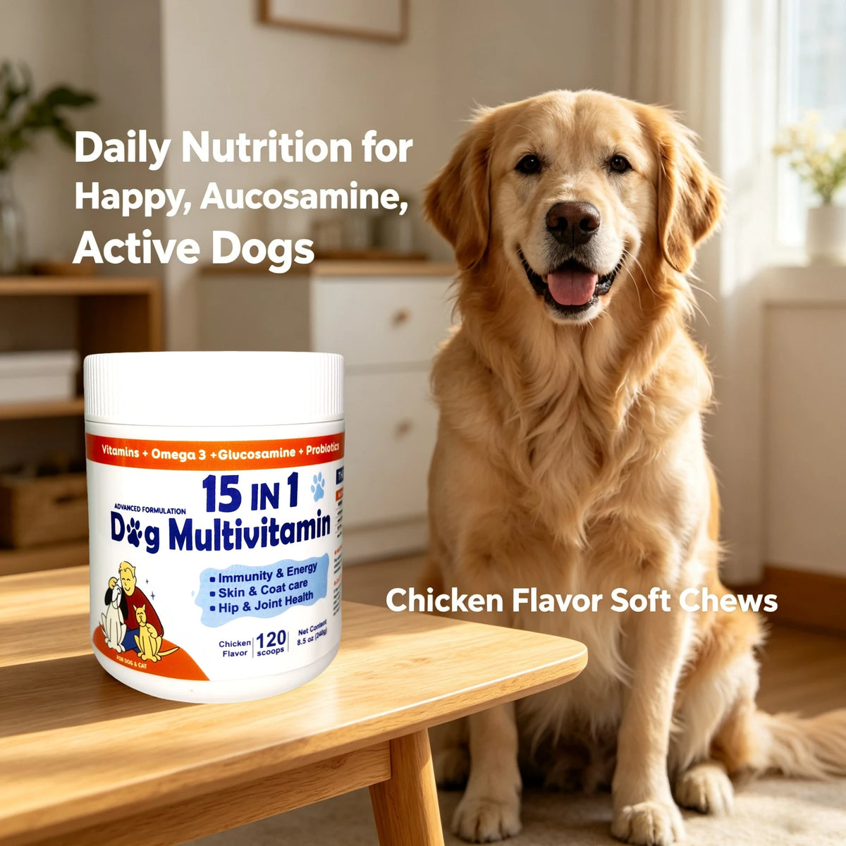 Dog Daily Health Supplement Powder, 15-in-1 Chicken Flavor Formula, 120 Scoops for Overall Wellness - Bond Well Supplies