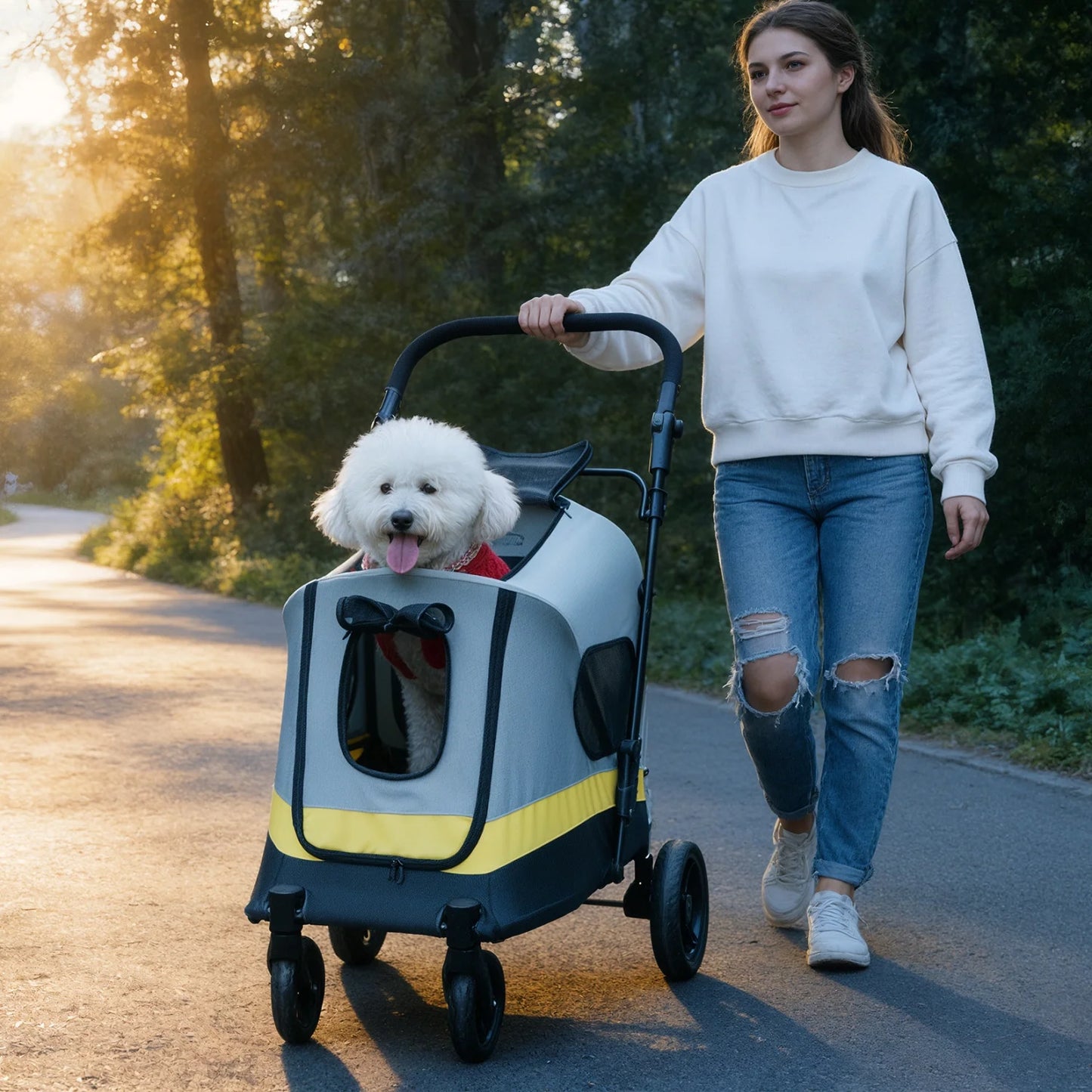 Foldable Dog Stroller for Small to Large Dogs, 4-Wheel Pet Jogging Carriage with Breathable Visible Mesh