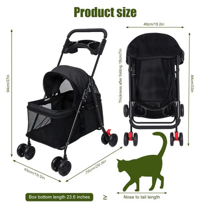 Foldable Dog & Cat Stroller, 4-Wheel Pet Carrier with Visible Window, Breathable Mesh and Cup Holder