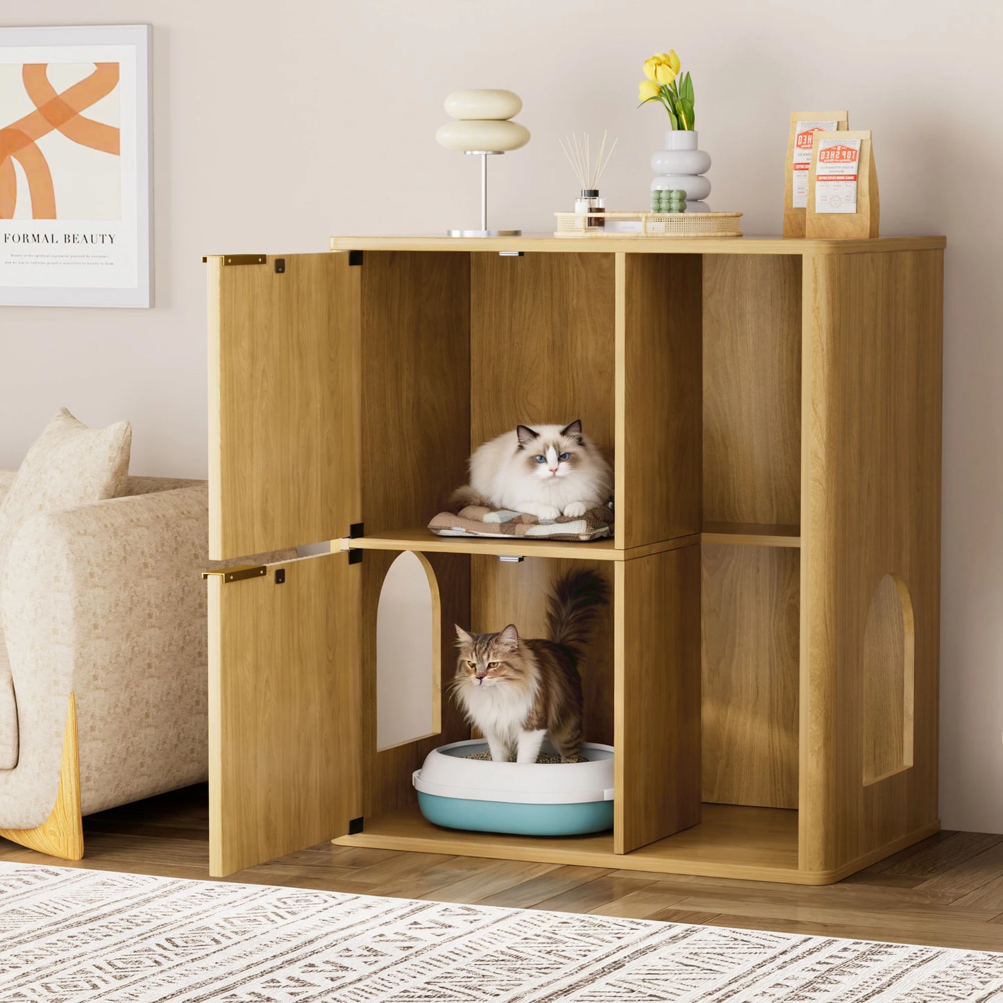 Multi-Functional Cat Litter Cabinet with Cat Tree, Hidden Litter Box Enclosure, Dual Doors & Storage Shelves for Home