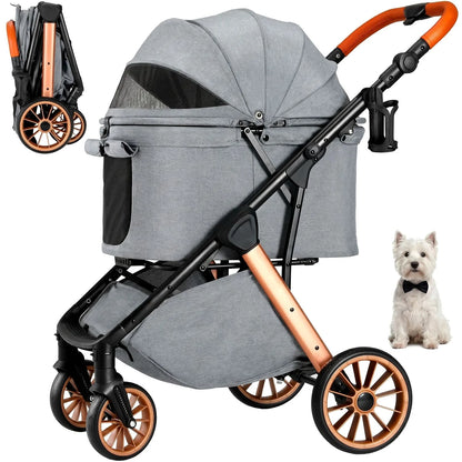 Pet Travel Stroller for Dogs and Cats with Shock-Absorbing Wheels, Foldable Design and Sun Shade