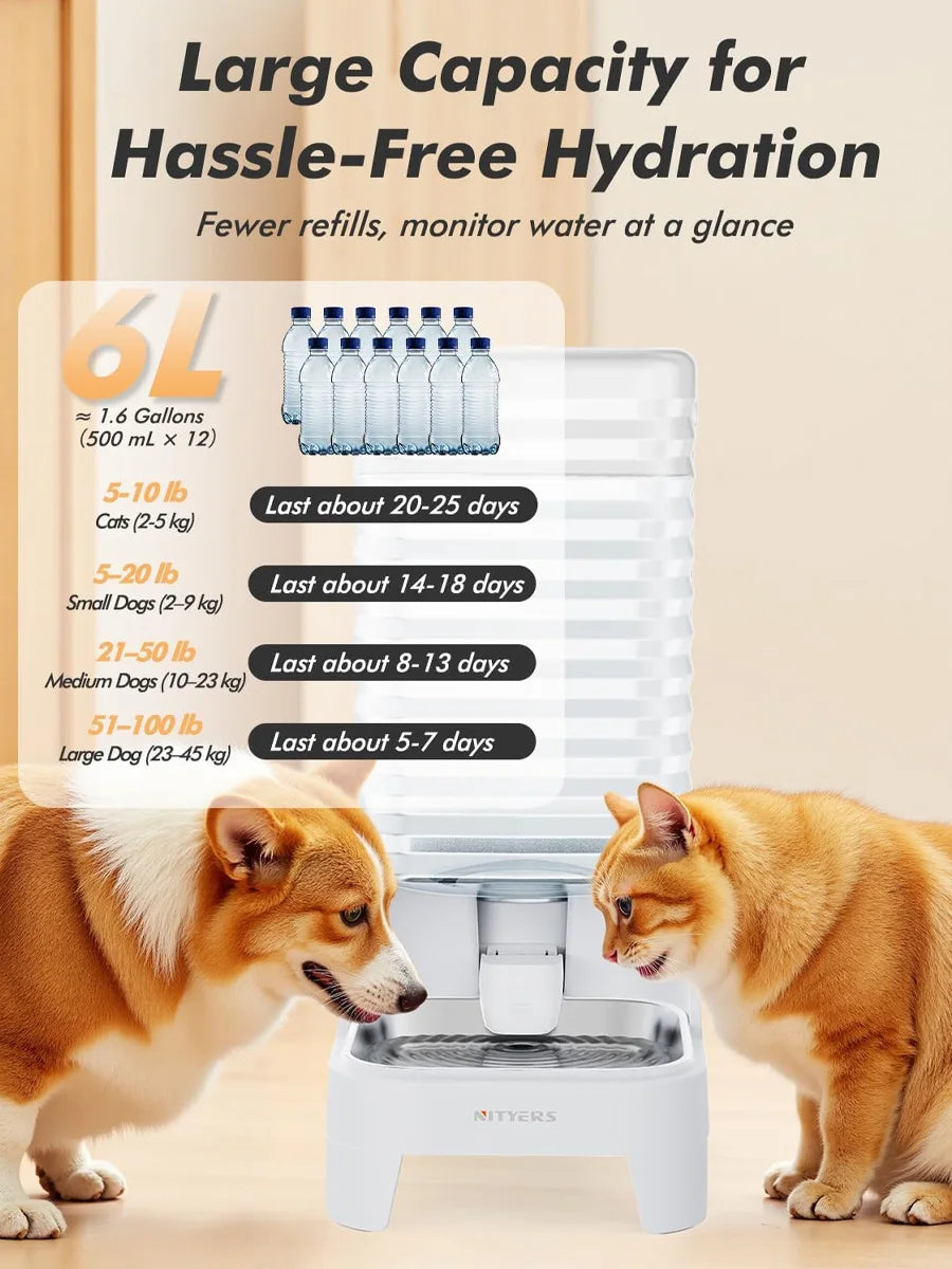 NITYERS Automatic Gravity Pet Water Dispenser, 6L Raised Water Bowl for Dogs & Cats with Stainless Steel Tray, No Power Required