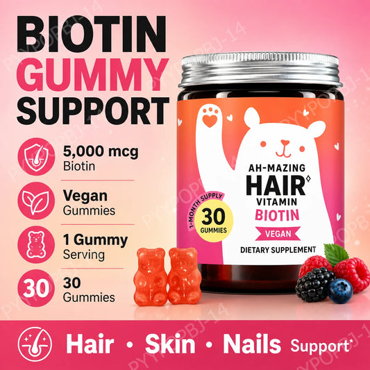 Vegan Biotin Gummies 5000mcg, Hair, Skin & Nails Wellness Support, Daily Beauty Vitamin Supplement, 30 Gummies - Bond Well Supplies