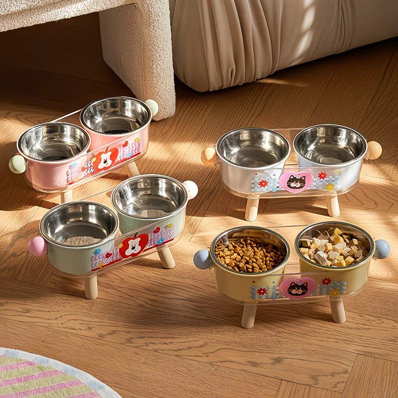 Raised Cat & Dog Feeding Bowl, Double Stainless Steel Pet Feeder for Food & Water - Bond Well Supplies