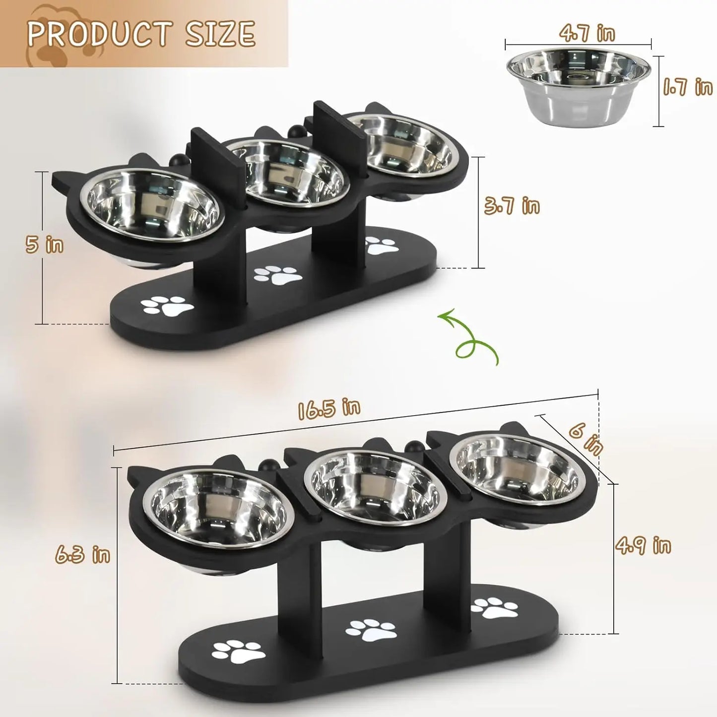 Adjustable Elevated Cat Feeder, Raised Food & Water Bowls with 3 Stainless Steel 15° Tilted Cat Dishes