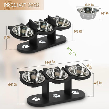 Adjustable Elevated Cat Feeder, Raised Food & Water Bowls with 3 Stainless Steel 15° Tilted Cat Dishes