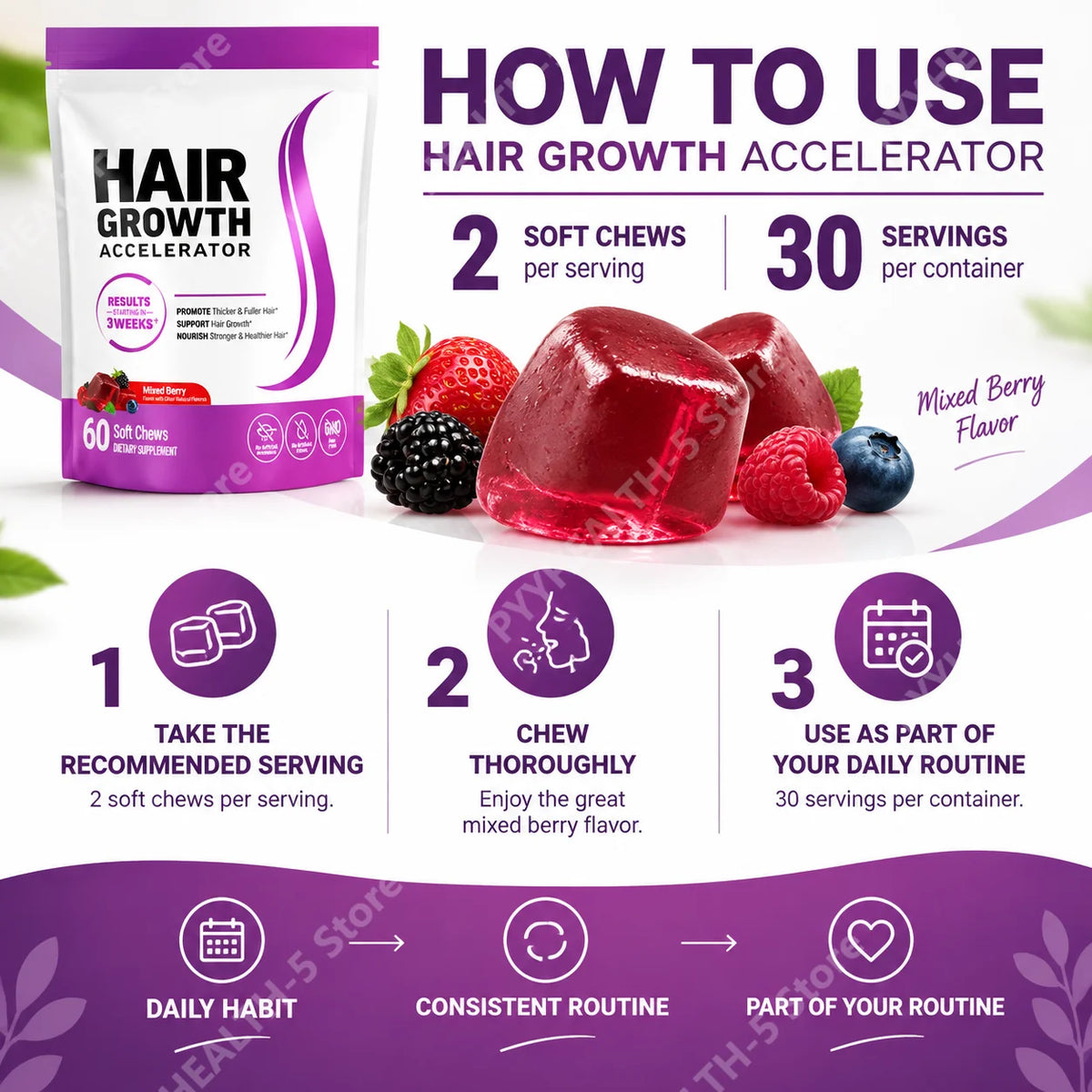 Hair Growth Biotin Soft Chews with Vitamins C & E, Daily Hair Wellness Support, 60 Count - Bond Well Supplies