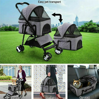 Foldable Pet Dog Stroller, 4-Wheel Travel Carrier for Dogs & Cats with Rain Cover