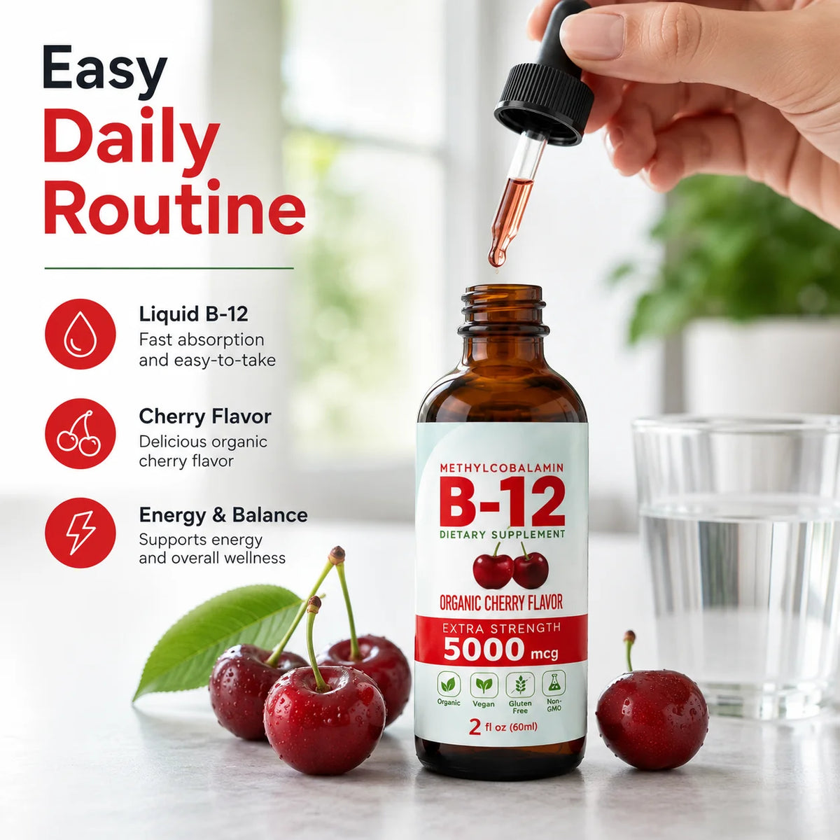 Vitamin B12 Liquid Supplement 5000mcg, Methylcobalamin Sublingual Drops, Cherry Flavor, Vegan & Sugar-Free, 60ml - Bond Well Supplies