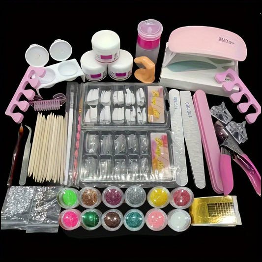Professional Gel Nail Kit with LED Lamp, Nail Drill, Acrylic Powder & Liquid Set, False Nail Tips & Nail Art Tools - Bond Well Supplies