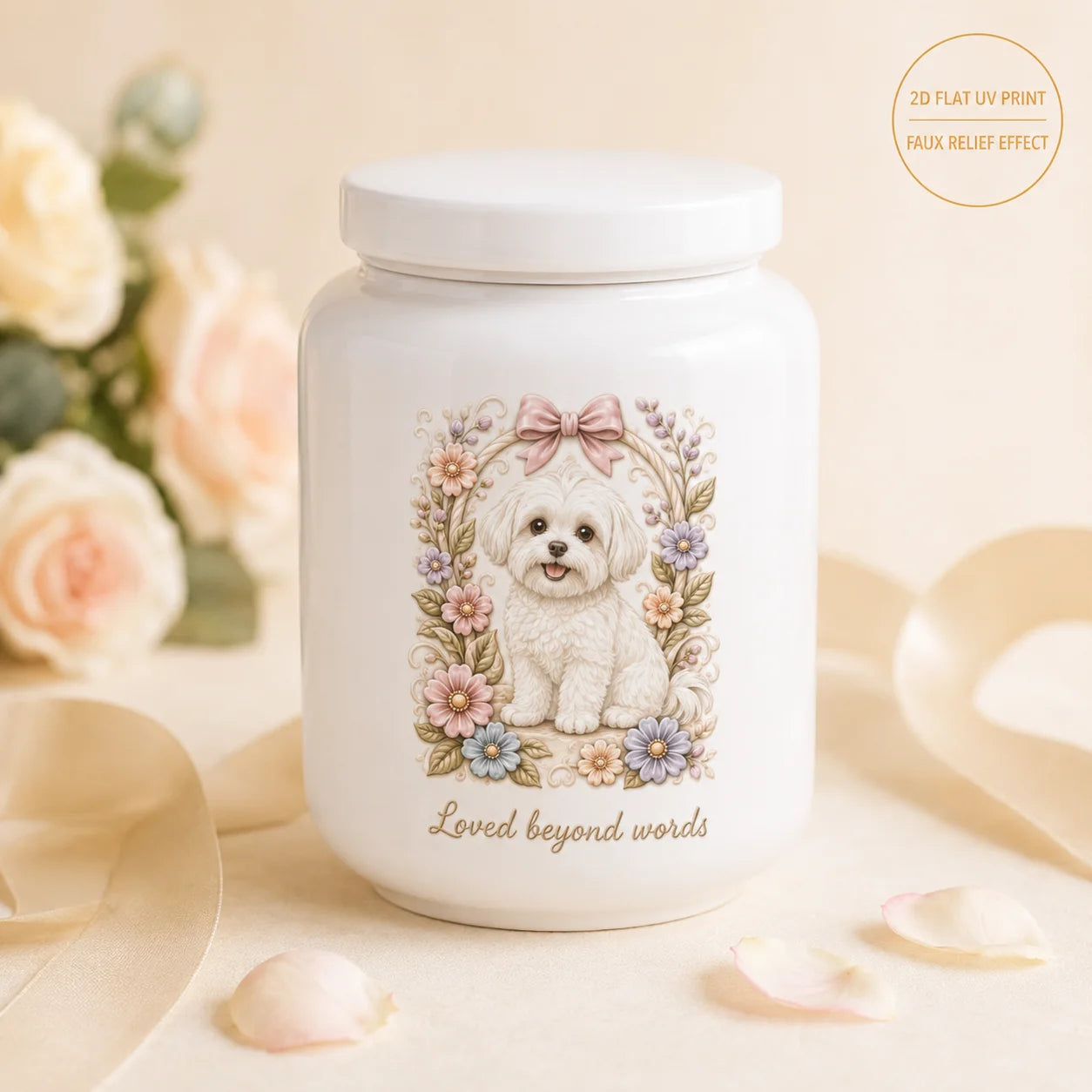 Personalized Pet Ashes Urn with AI-Generated Photo Ceramic Relief, Custom Name & Memorial Message Keepsake