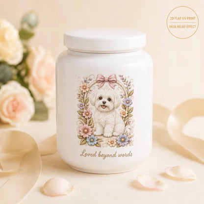 Personalized Pet Ashes Urn with AI-Generated Photo Ceramic Relief, Custom Name & Memorial Message Keepsake