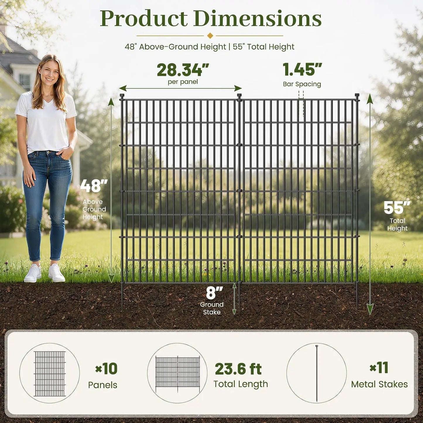 No-Dig Pet & Garden Fence, 48-Inch Tall Rustproof Metal Panels with Gate for Yard & Flower Beds