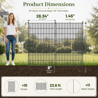 No-Dig Pet & Garden Fence, 48-Inch Tall Rustproof Metal Panels with Gate for Yard & Flower Beds